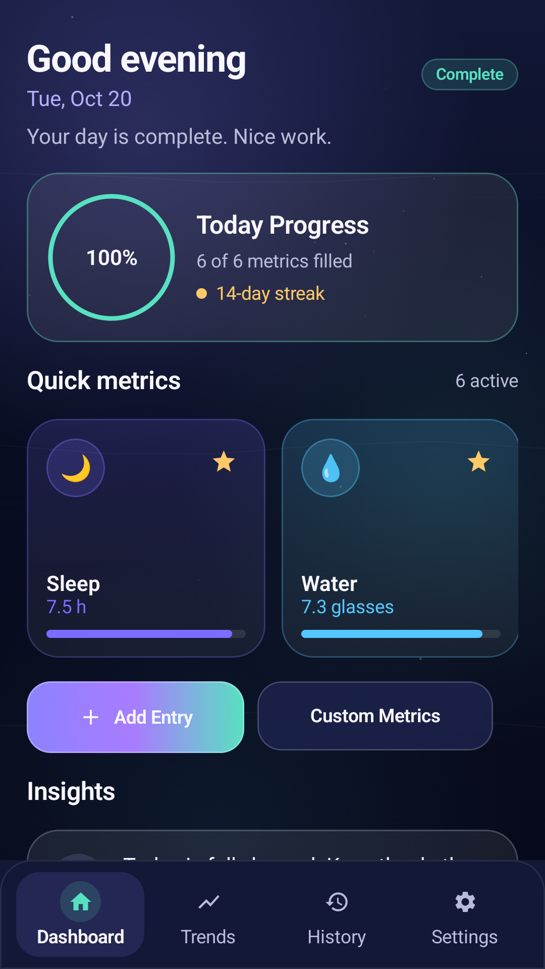 Daily dashboard with metric cards