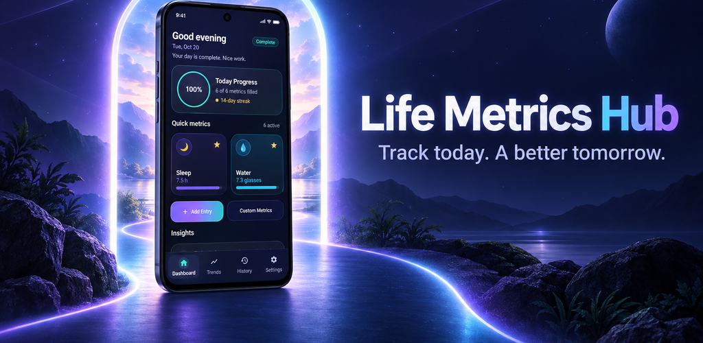 Life Metrics Hub promotional banner and mobile interface